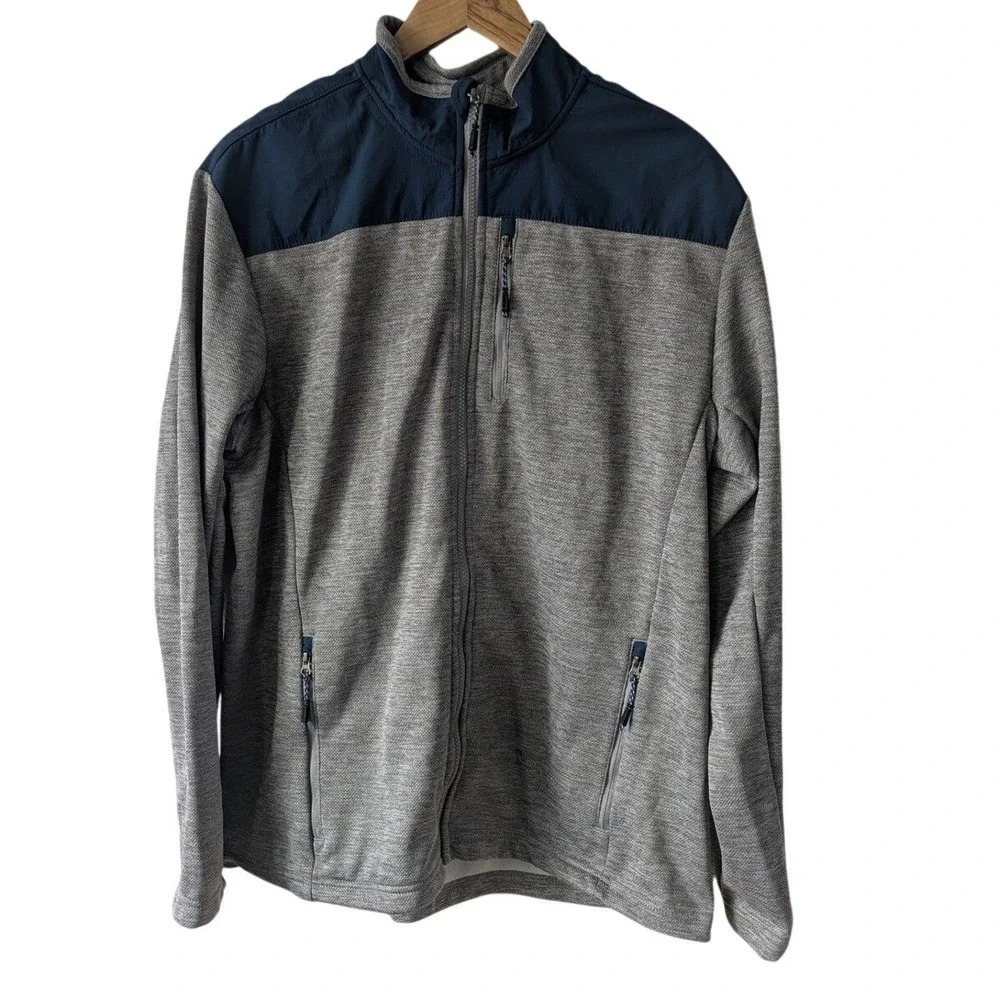 Orvis Mens Full Zip Jacket‎ Grey Navy Blue Colorblock Textured Knit Mock Neck XL